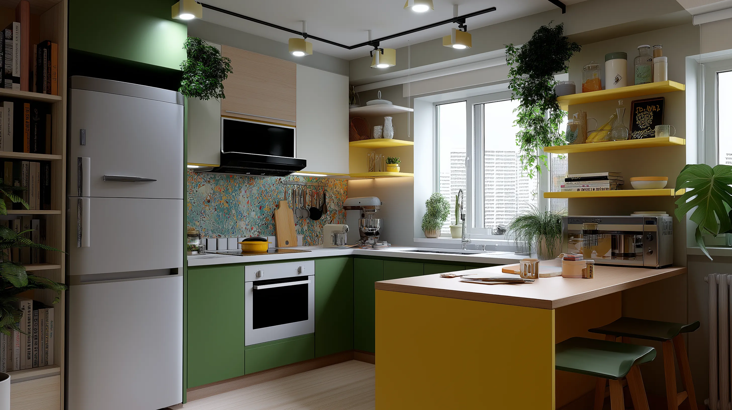 Small green and yellow kitchen with white fridge wooden table indoor plants and yellow open shelves
