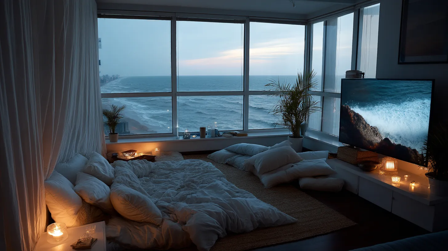 Cozy room with floor cushions large windows overlooking sea waves at sunset and flat television