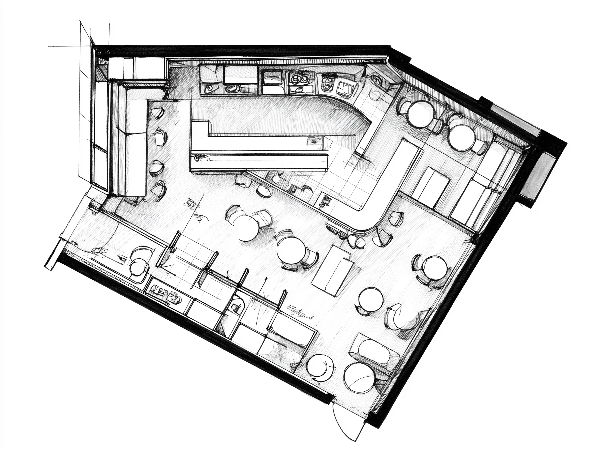 Black and white hand drawn interior design drawing showing a restaurant layout with tables and chairs