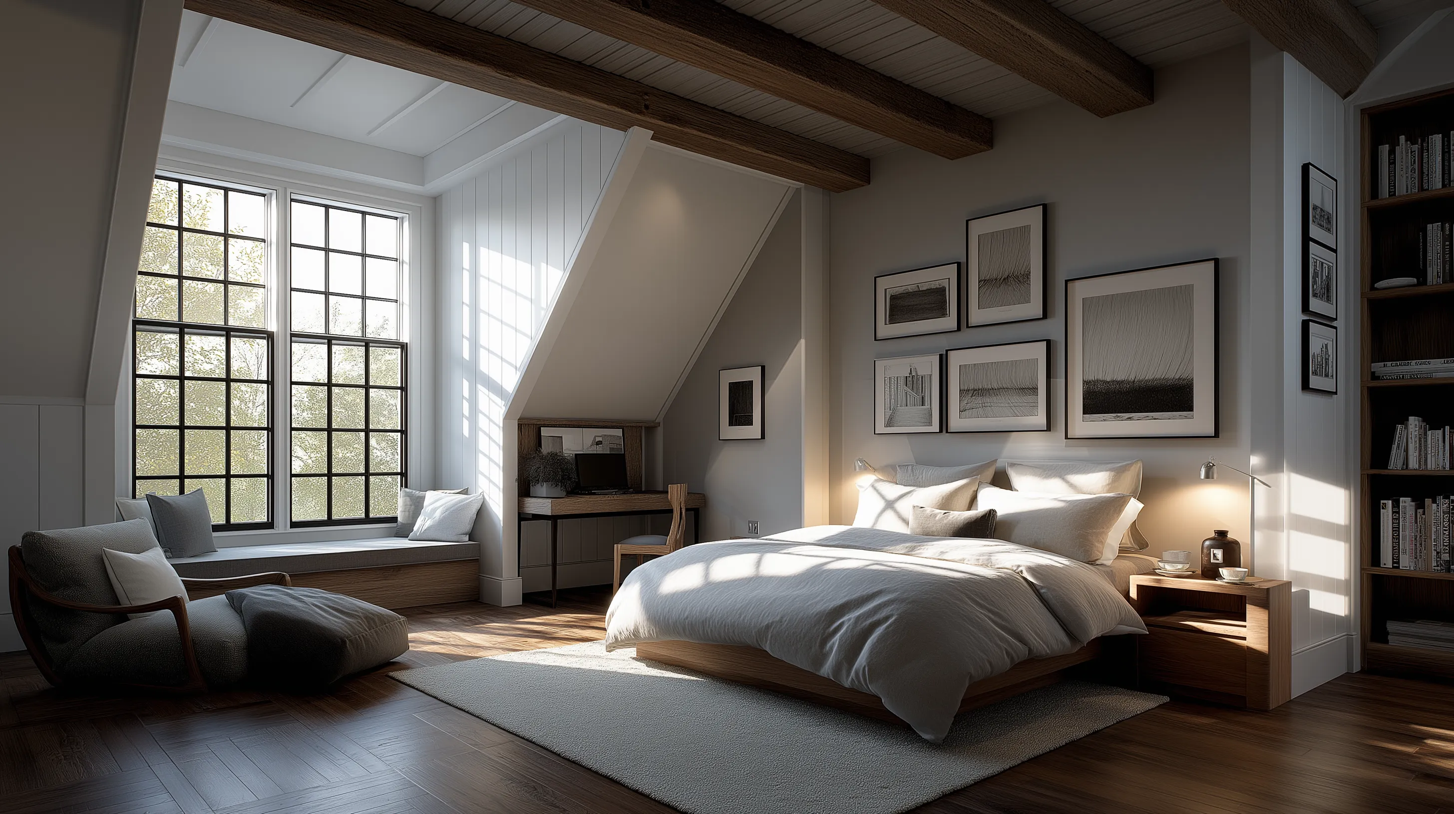 Cozy attic bedroom with wooden beams large windows framed wall art bed and desk area