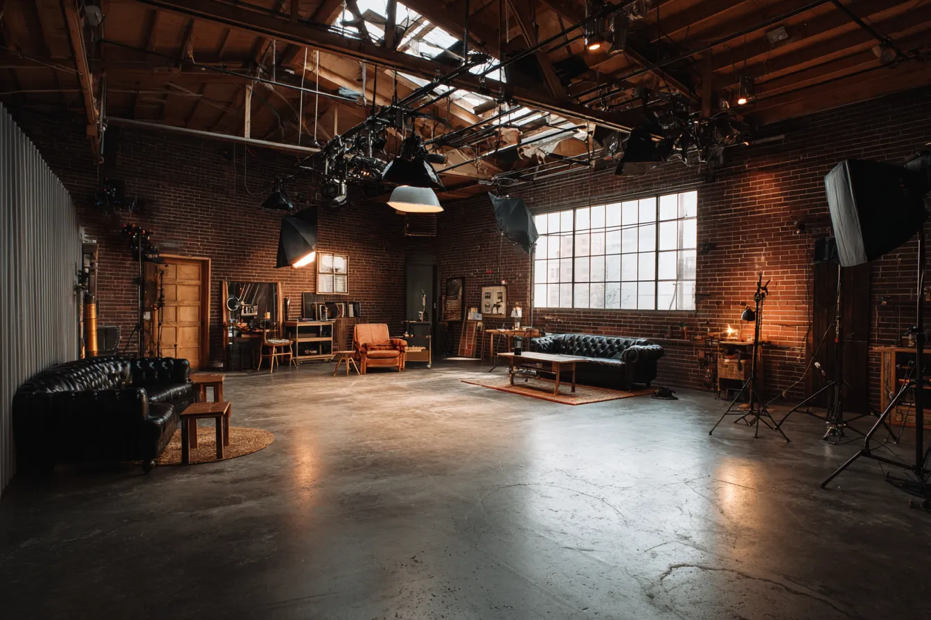 Industrial photo studio with brick walls leather sofas professional light fixtures and high wooden ceiling