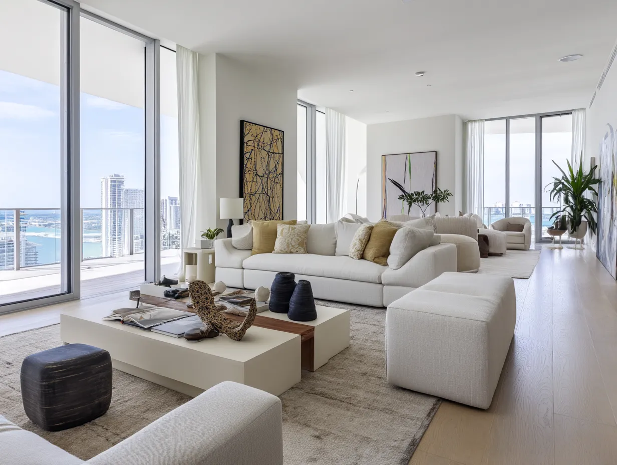 Modern bright living room featuring white sofas cream rugs coffee table and large floor windows