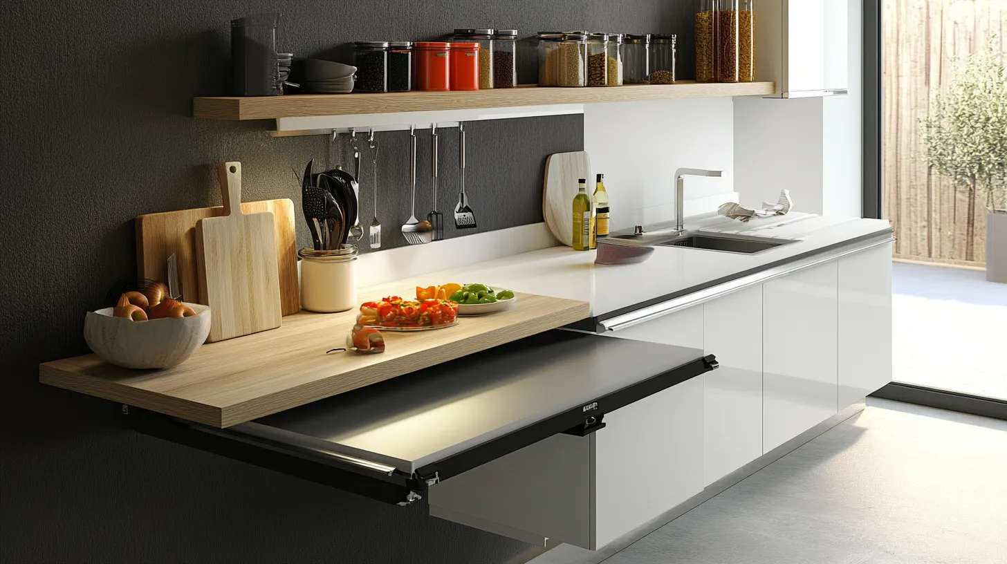Modern white kitchen with pull out wooden table extension showing cutting boards and vegetable prep area