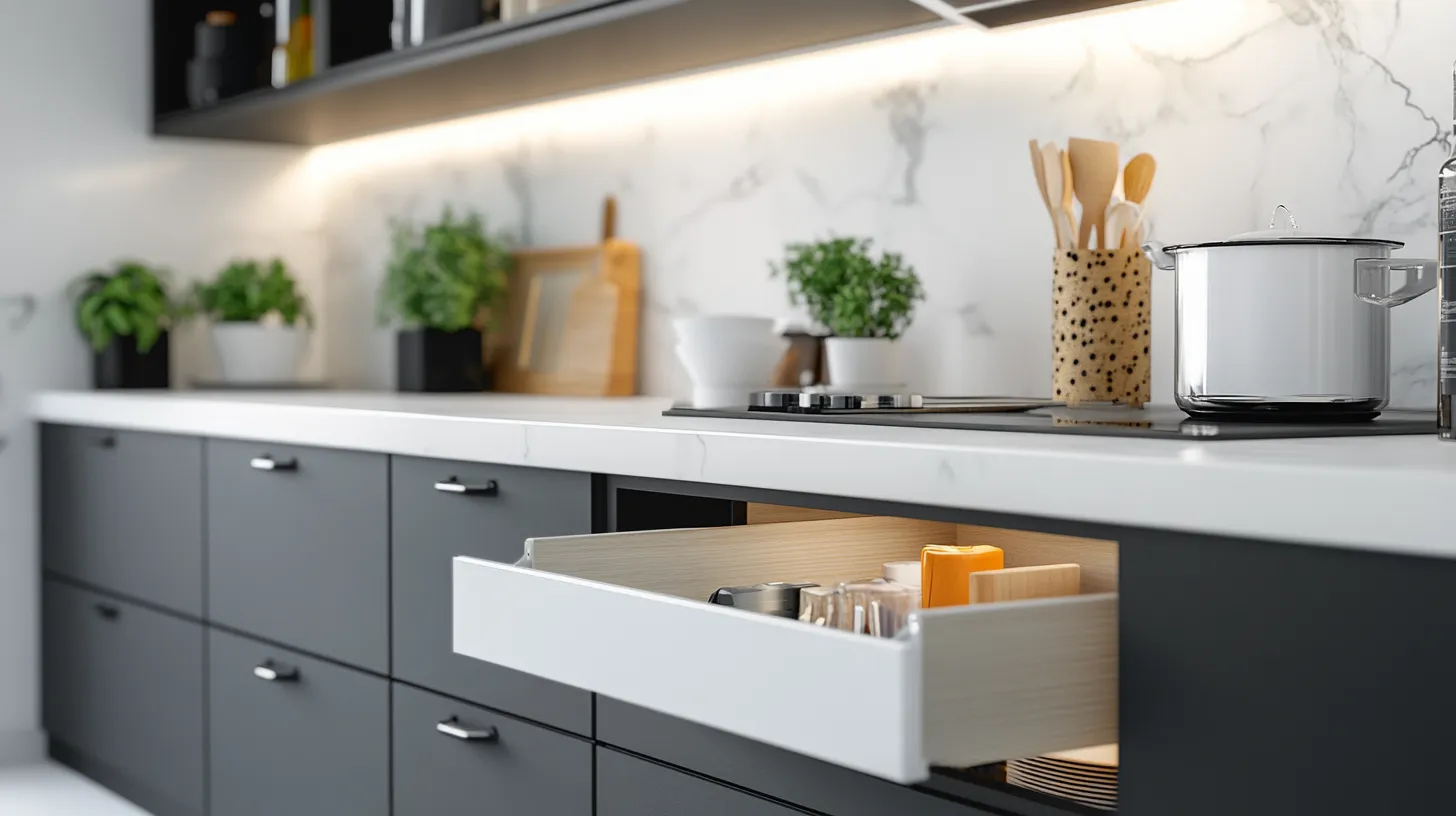 Dark grey kitchen cabinets with an open white drawer showing internal LED lighting and organized storage