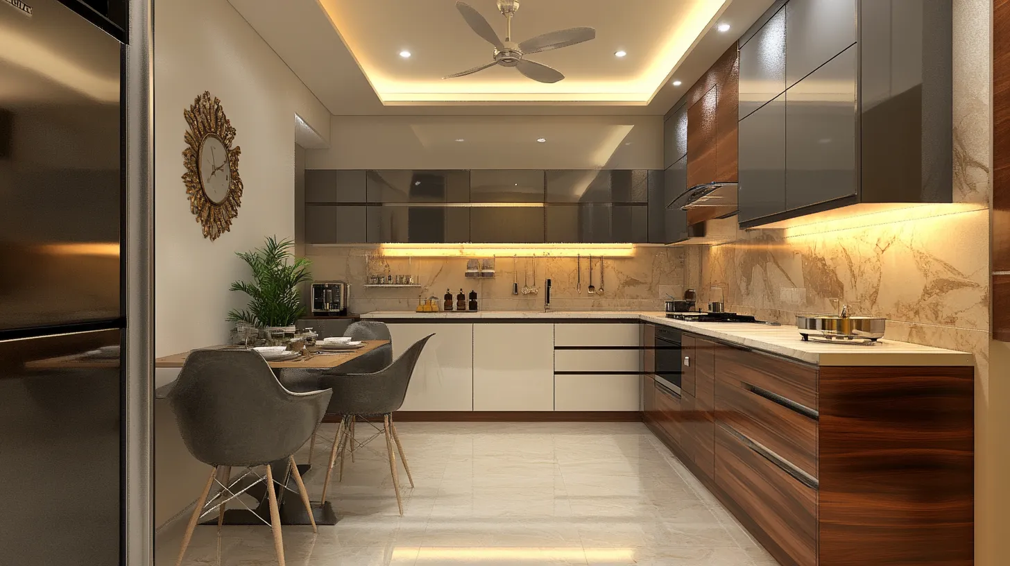 L shaped kitchen with wood cabinets dining table grey chairs ceiling fan and warm light fixtures