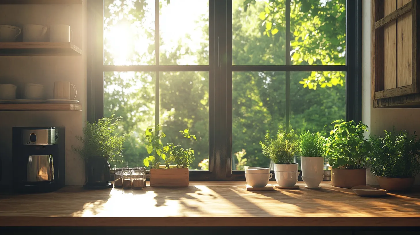 Bright kitchen counter with wooden surface and green plants in front of a sunny window