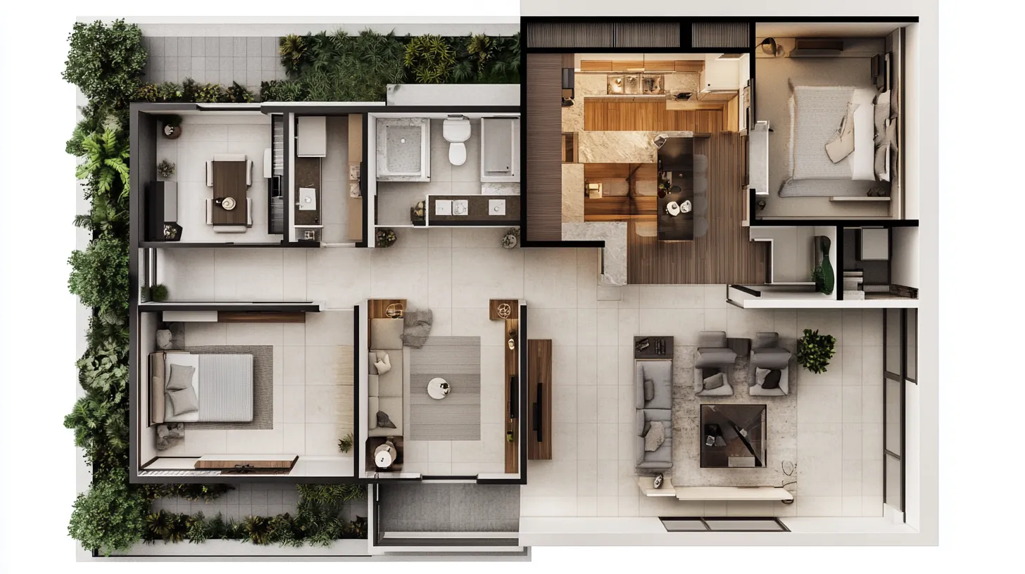 Modern interior design drawing of a large apartment with two bedrooms living room and outdoor plants