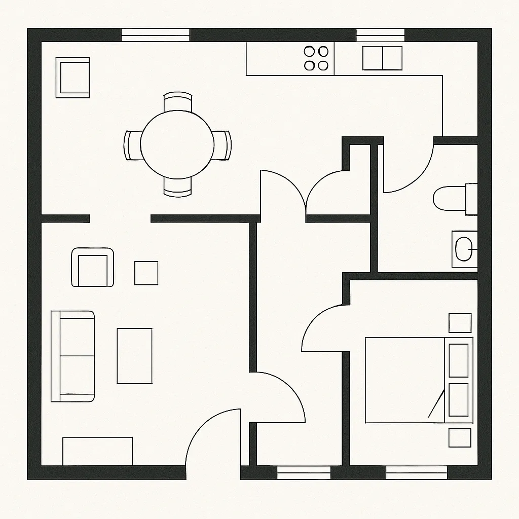 Floor plan drawing of a one bedroom apartment with a round dining table and living room
