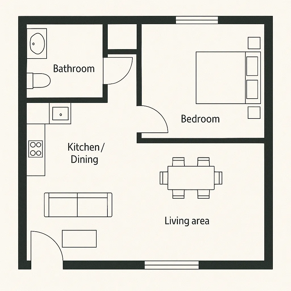 Simple room layout showing a bathroom bedroom kitchen dining area and living area with basic furniture