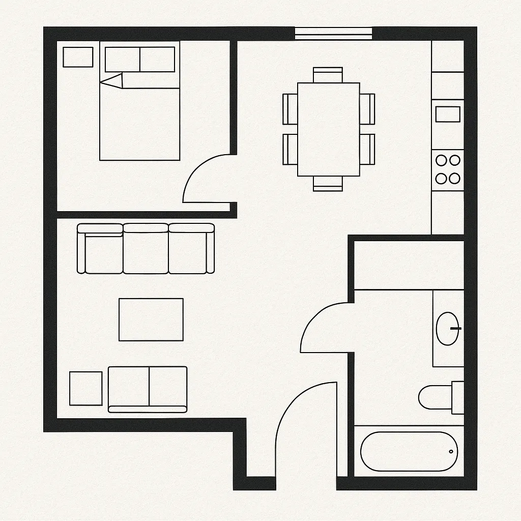 Interior design drawing of a one bedroom apartment with living room kitchen and small bathroom