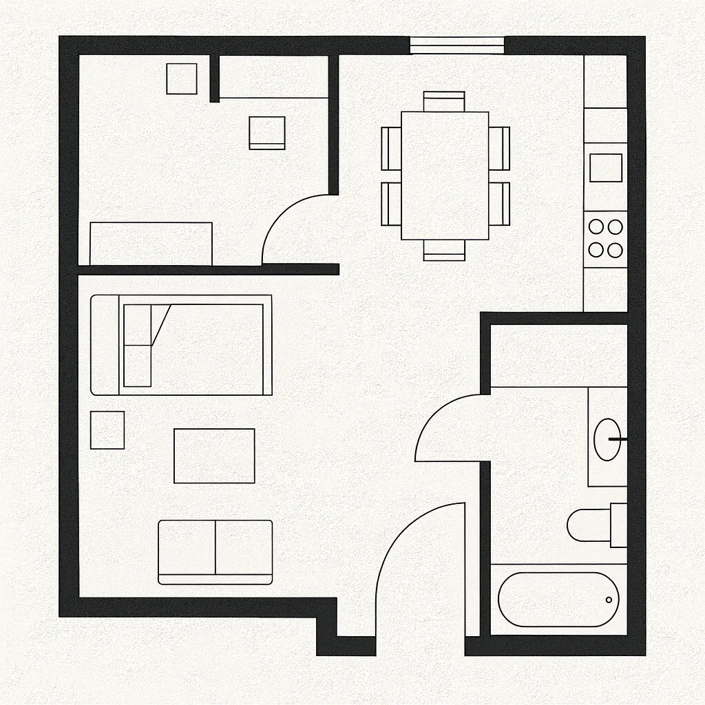 Simple room layout for a small apartment showing bedroom living area dining table and bathroom