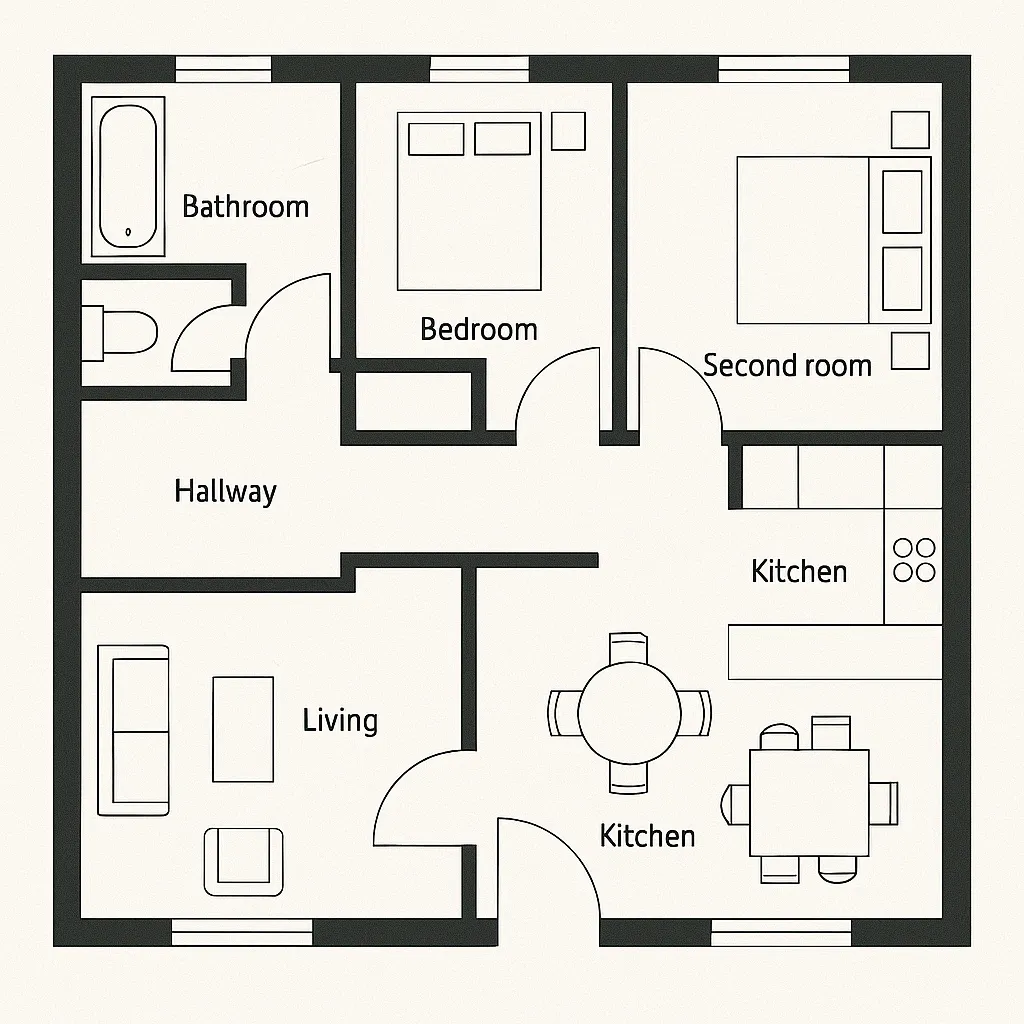 Floor plan labeled with bathroom bedroom second room hallway kitchen and living room layout design