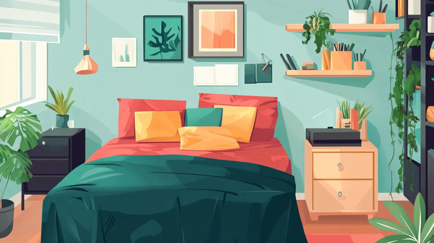 Colorful bedroom interior design drawing with teal walls red bedding wooden shelves and many green plants
