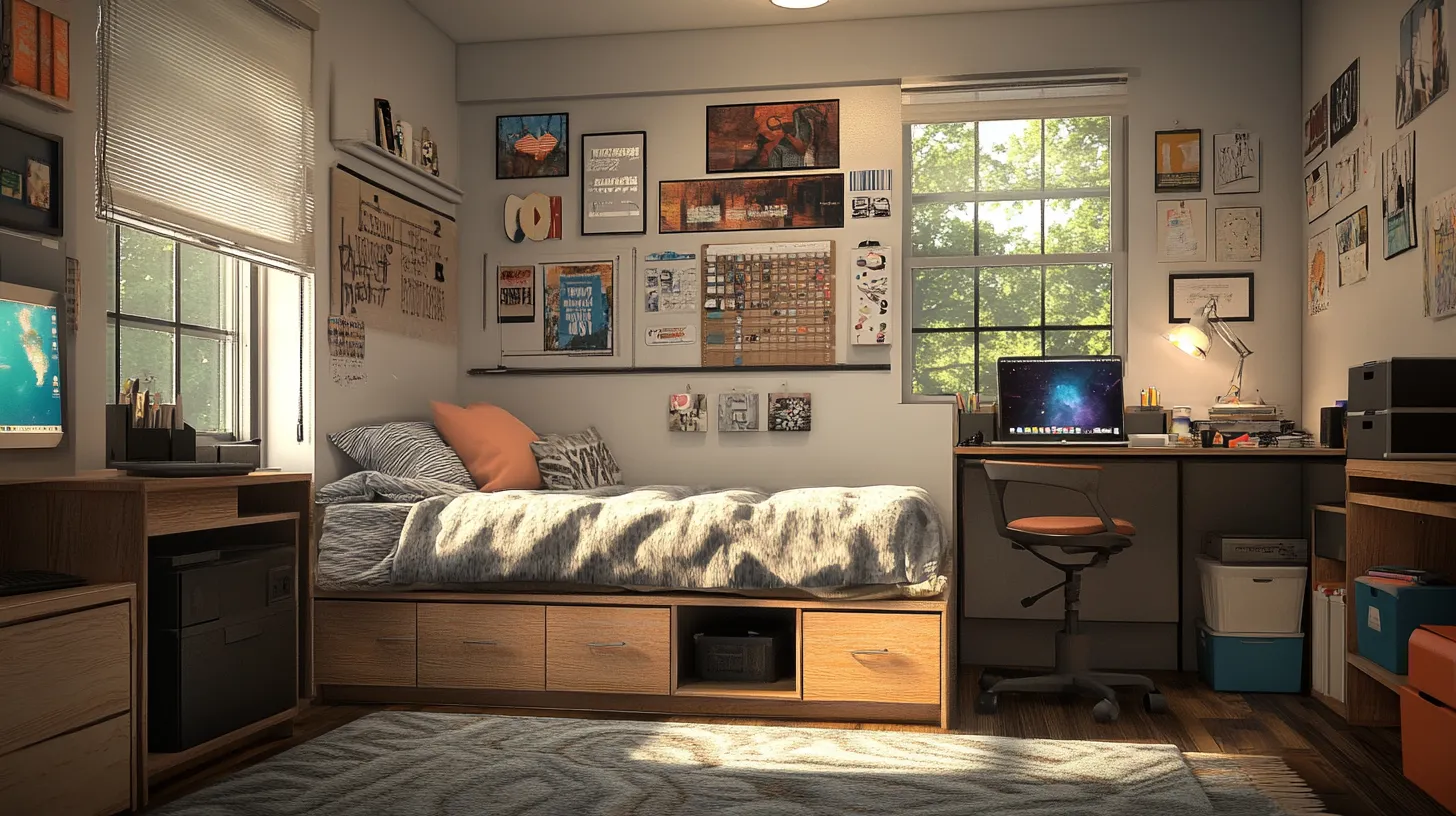 Small bedroom with storage bed desk laptop and many wall pictures under bright natural window light
