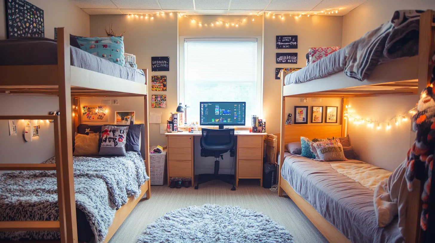 Dorm room featuring two wooden bunk beds with decorative fairy lights and a central study desk