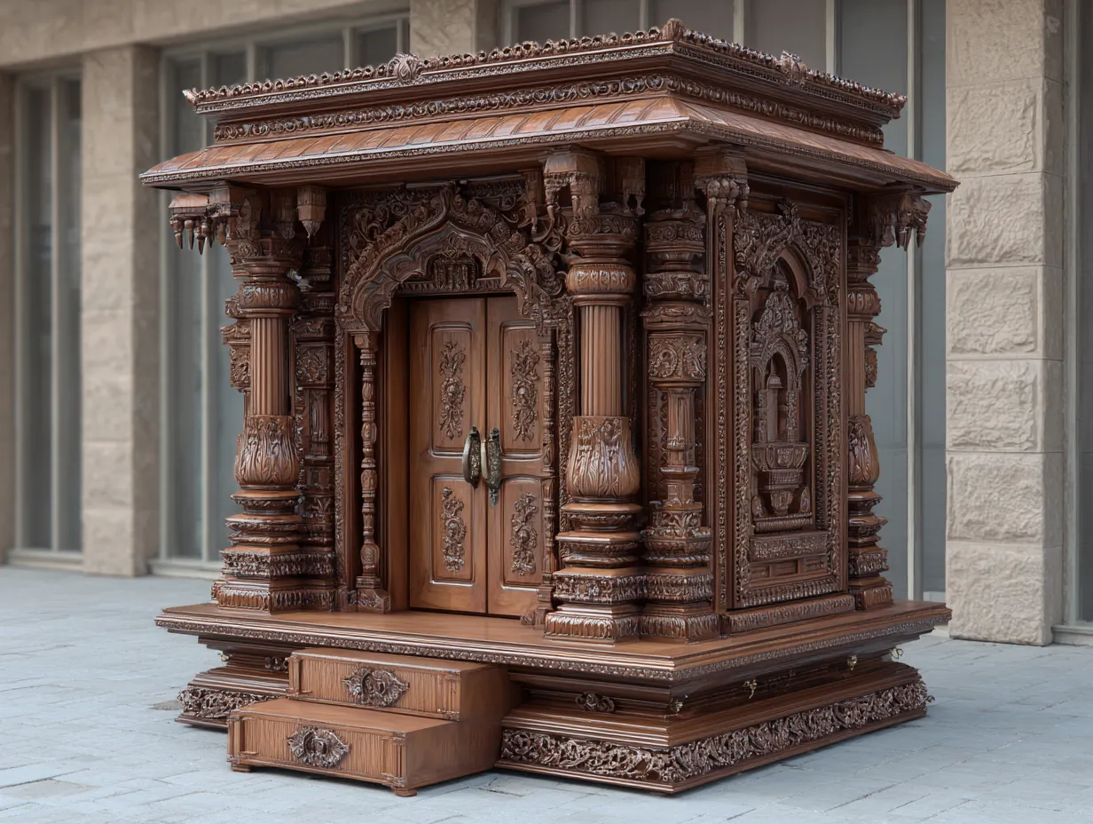 Intricately carved small wooden house model with double doors and steps on a grey pavement