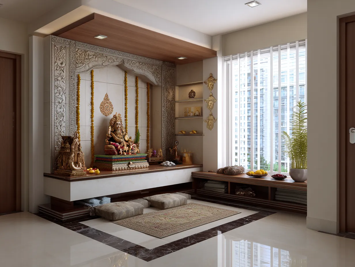 3.1 Corner Sanctuary Layout for Small Pooja Room Designs in Apartments