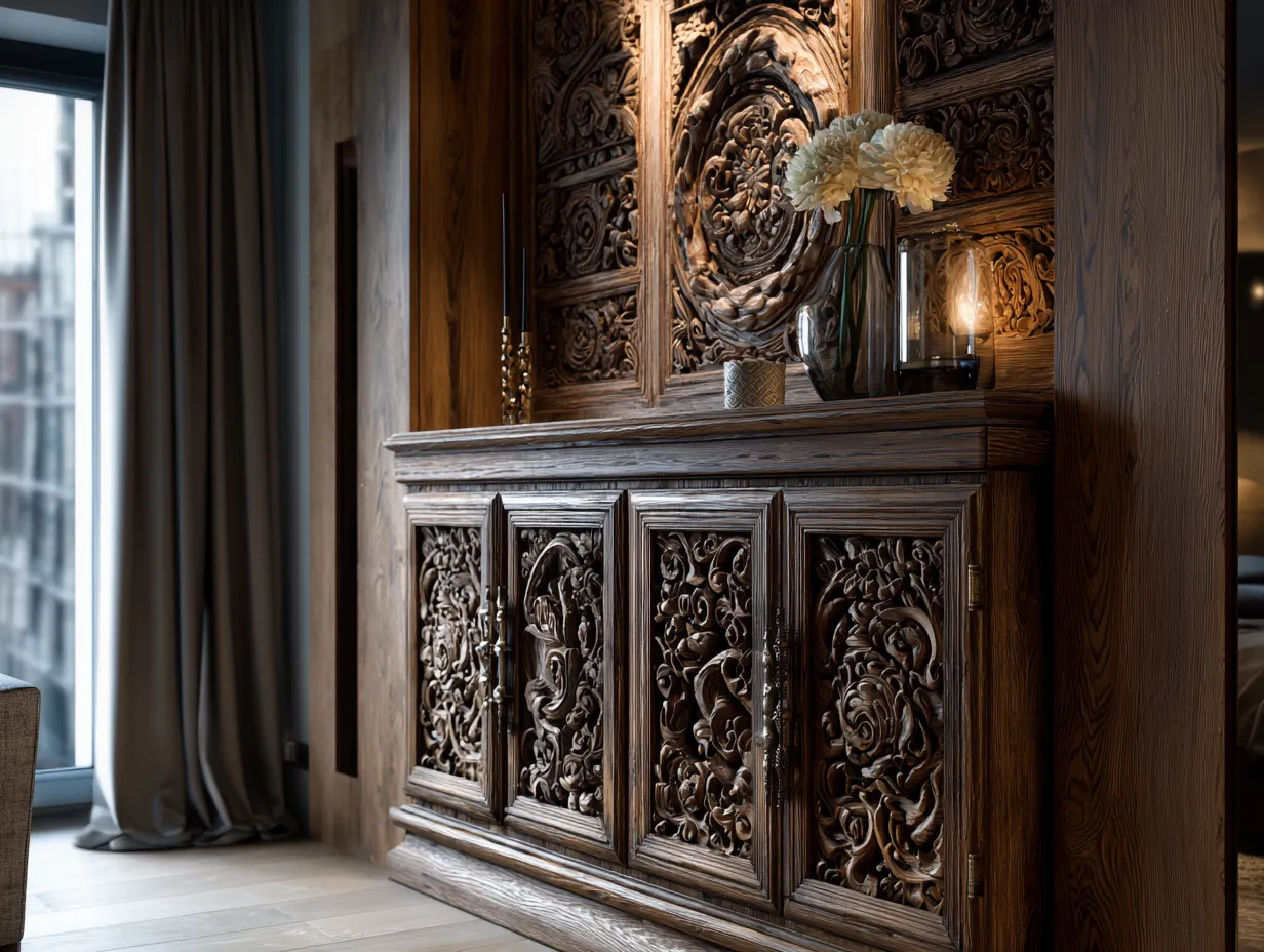 Vintage wooden cabinet with detailed carvings placed against decorative wall panel beside grey window curtain