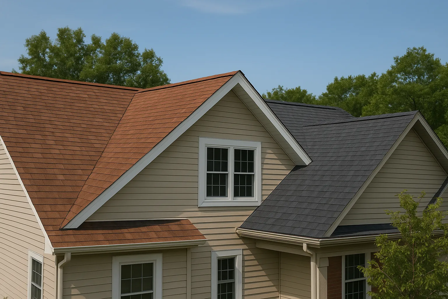 House roof showing brown shingles on left side and dark grey shingles on right side