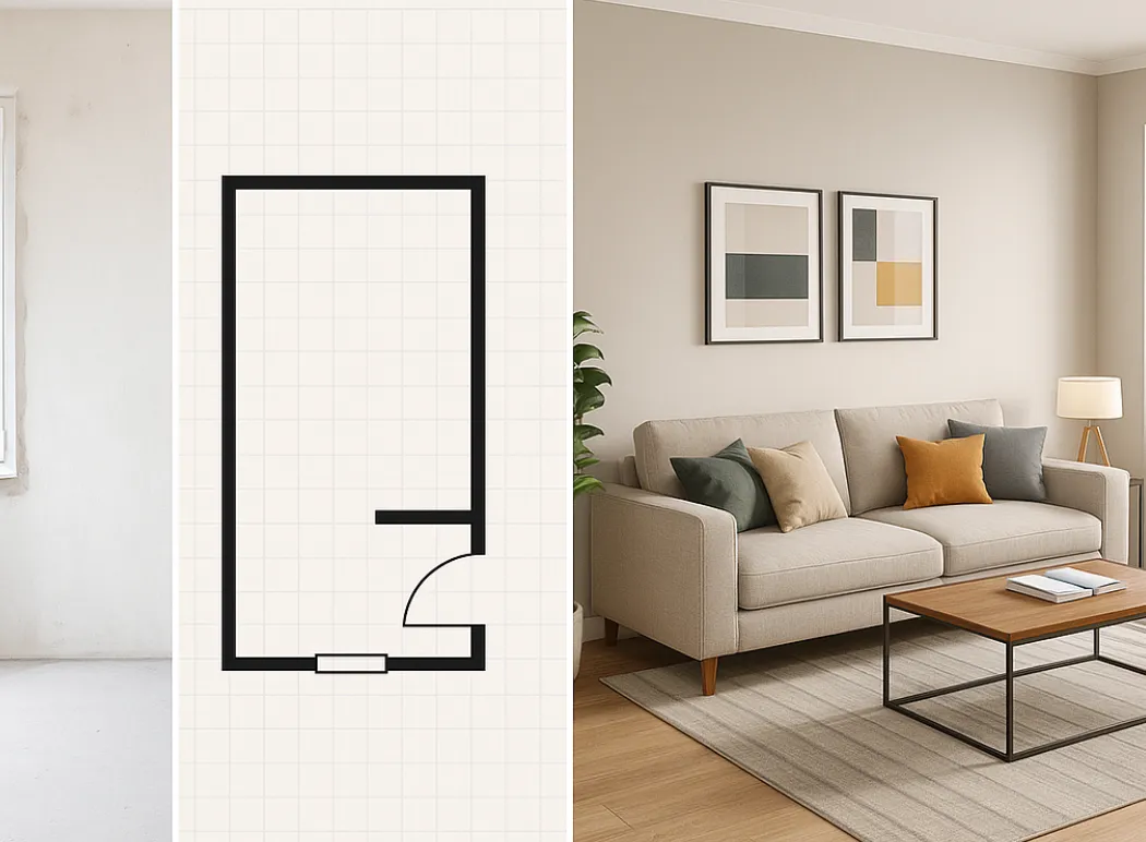 Comparison showing an empty room, a simple floor plan, and a furnished living room design
