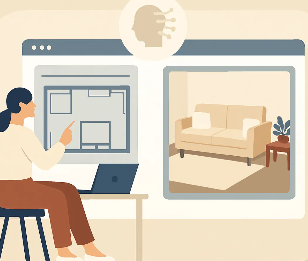 Woman using laptop to convert floor plan into 3D interior design room with beige sofa