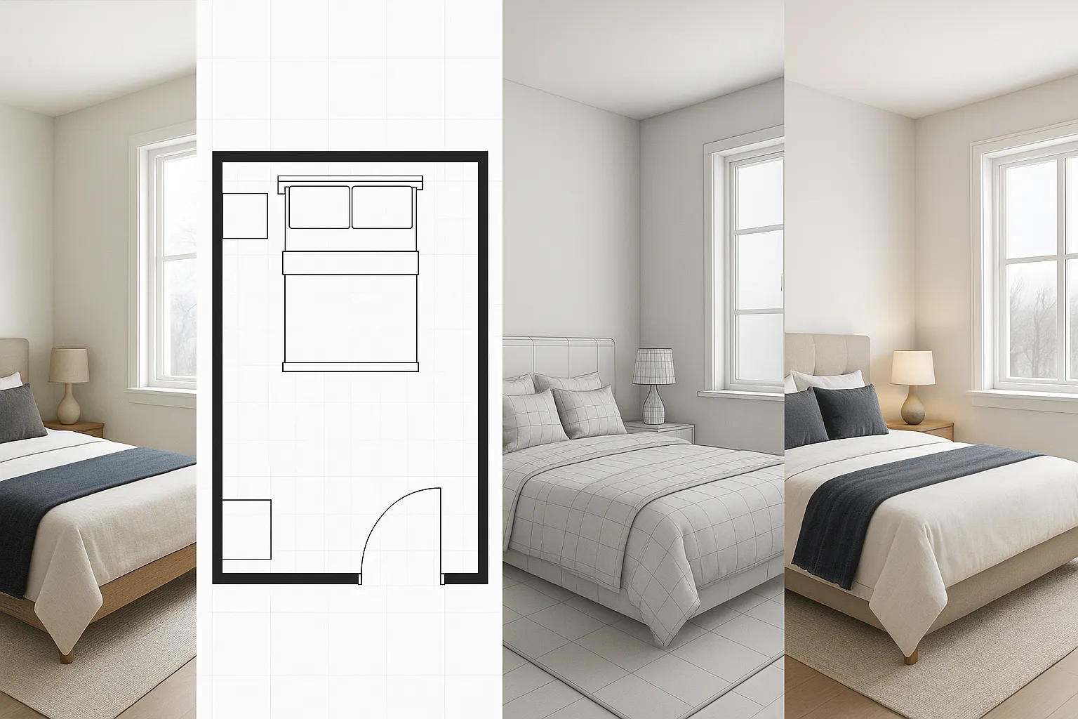 Bedroom interior design workflow showing 2D floor plan, 3D model, and final realistic interior drawing