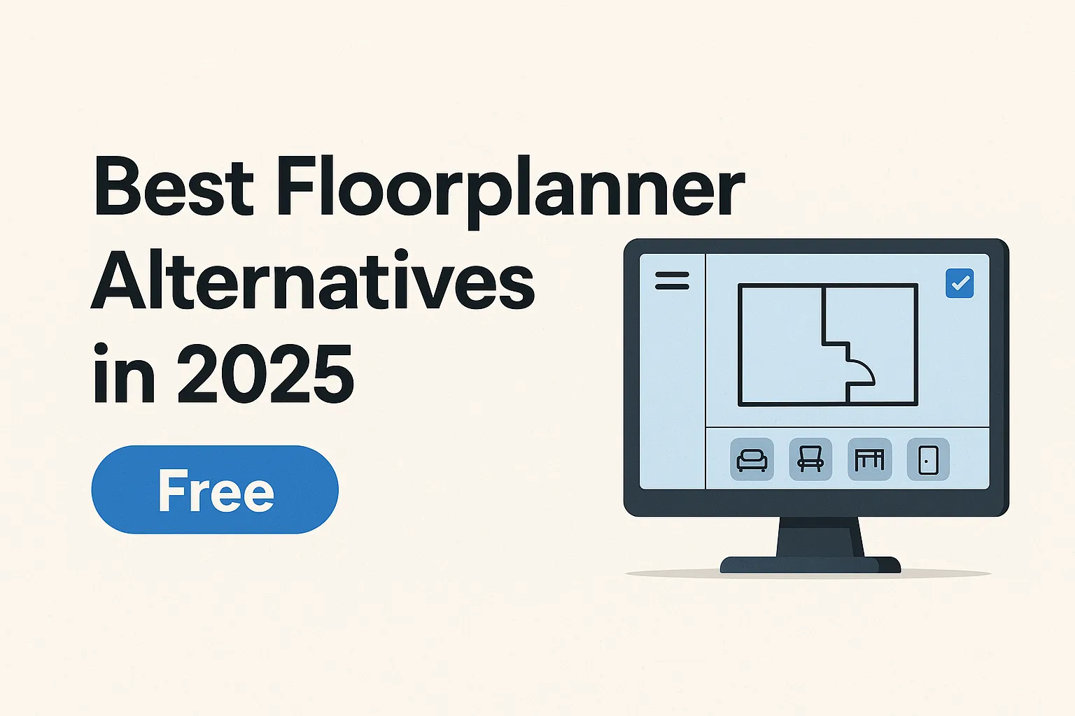 Computer screen showing room layout with furniture icons and text about free floor plan software