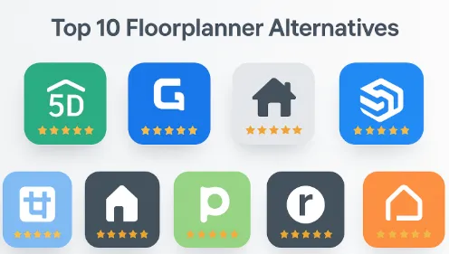 Graphic listing top ten floor plan software alternatives with colorful application icons and five star ratings