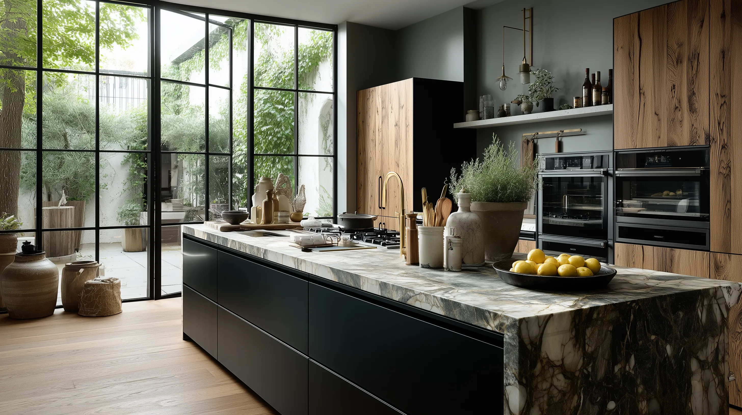 Modern kitchen with black cabinets marble island wood wall panel black ovens and large windows