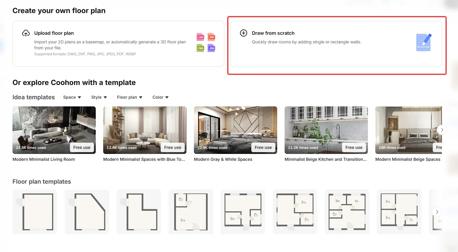 Coohom floor plan creation screen showing the draw from scratch option alongside various interior templates
