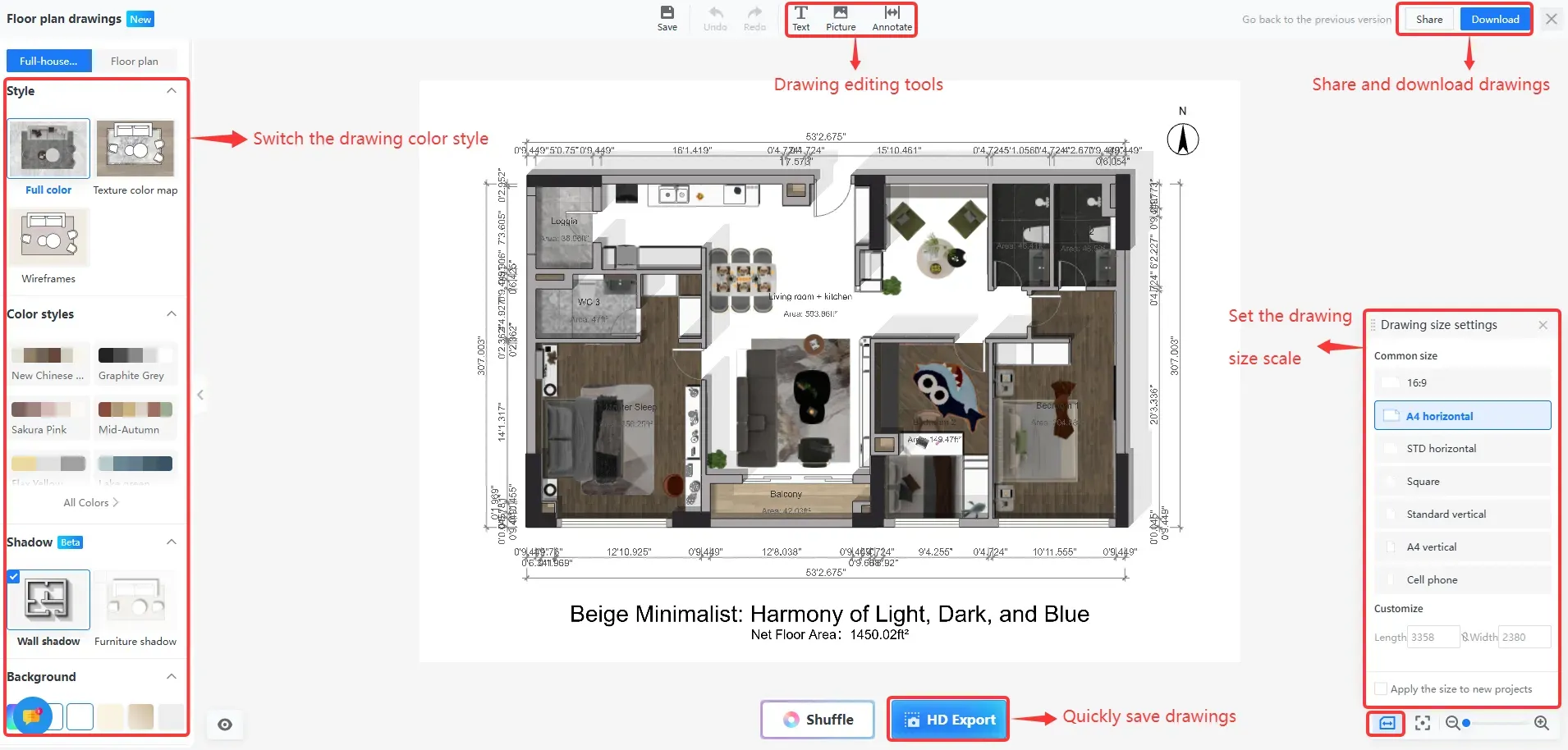 Digital floor plan editor interface showing various color styles and export settings for final interior designs