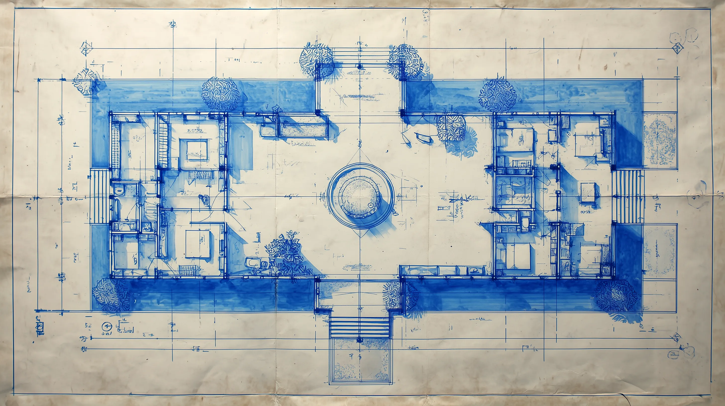 Hand drawn blue sketch of a large house floor plan showing rooms and outdoor courtyard area