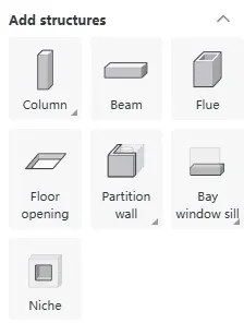 Coohom editor sidebar showing structural design elements including columns beams partition walls and window sills