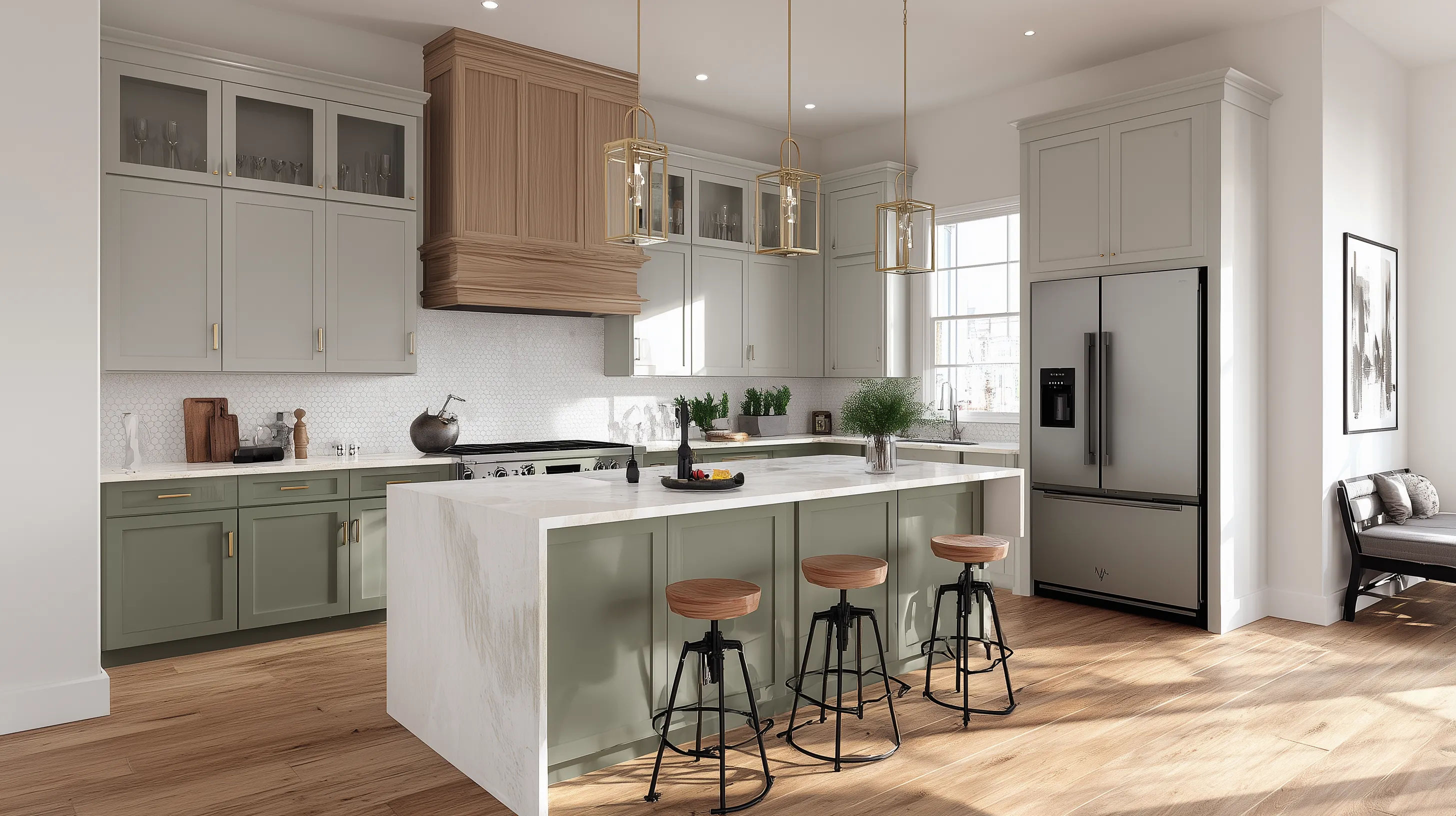 Modern kitchen with green cabinets marble island gold ceiling lights wood floor and a fridge