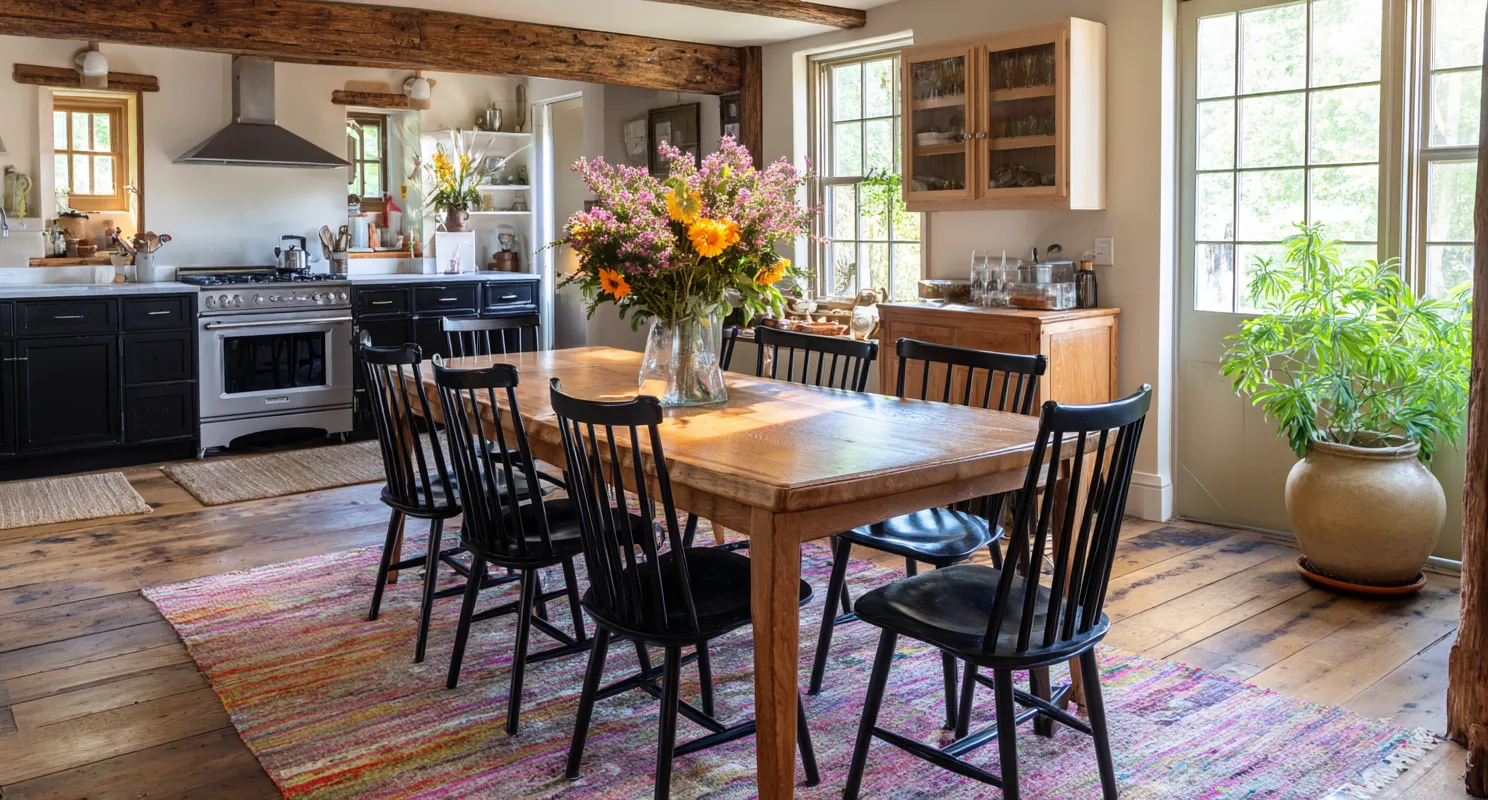 Rustic kitchen dining area with wooden table black chairs colorful rug and fresh flowers on top