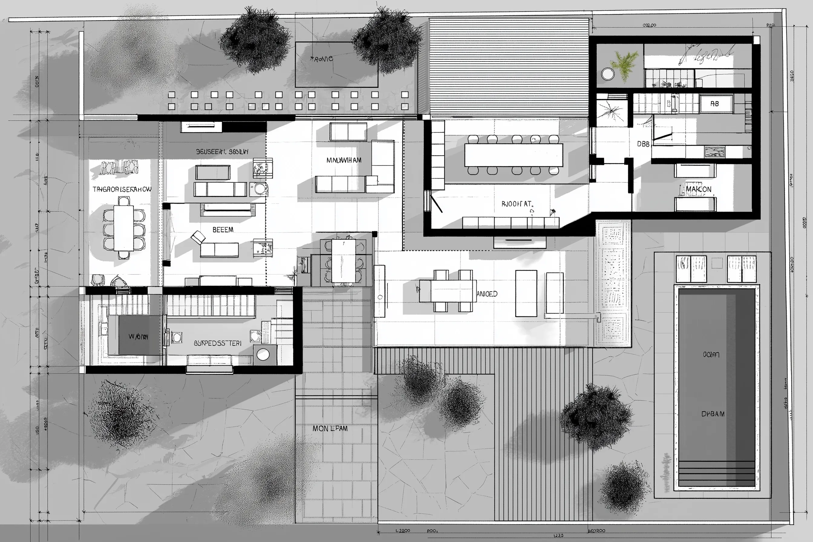 Hand drawn floor plan showing house layout with swimming pool outdoor garden and modern furniture