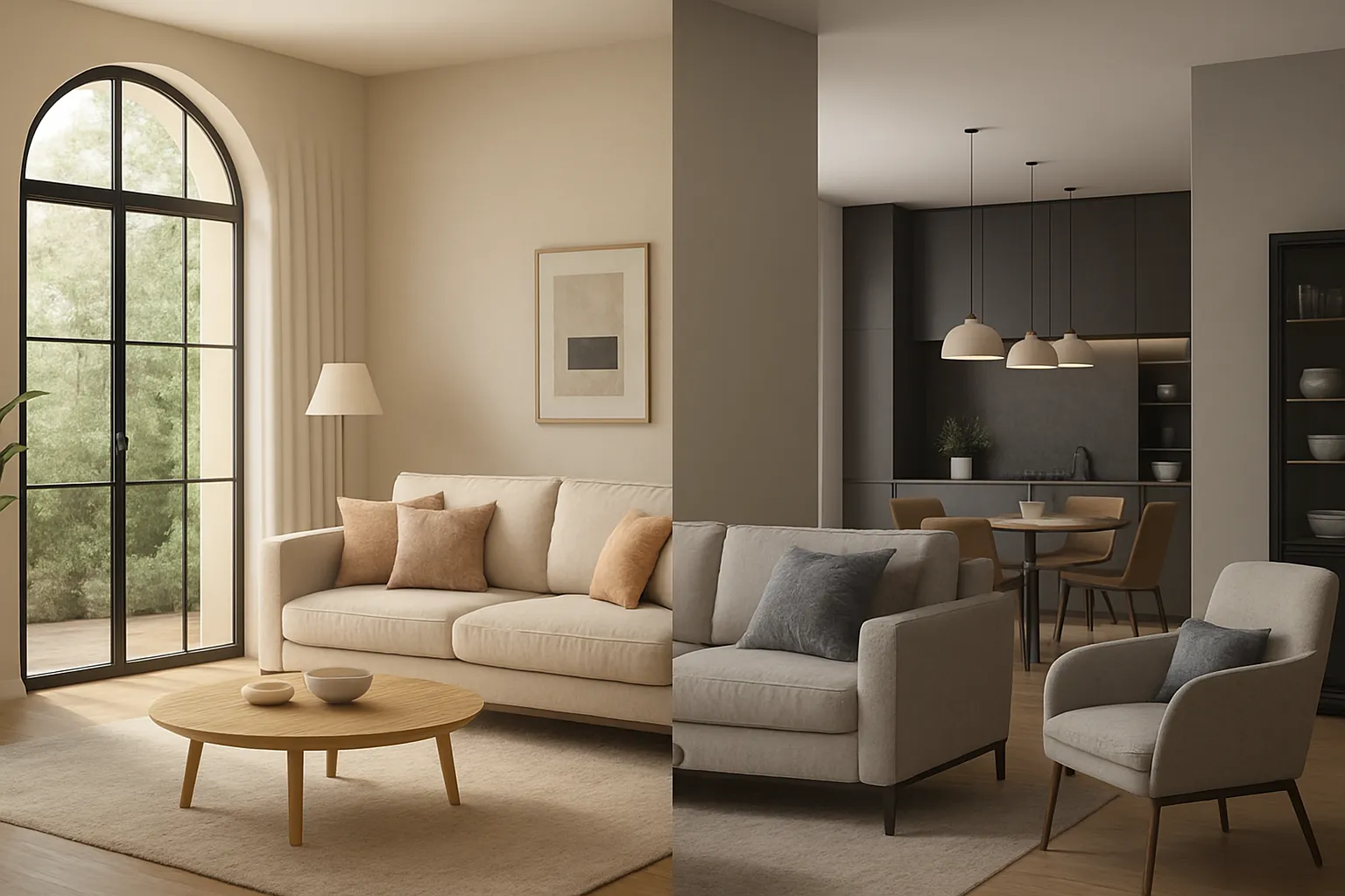 Modern cream living room and dark kitchen interior design drawing with sofa chair and table