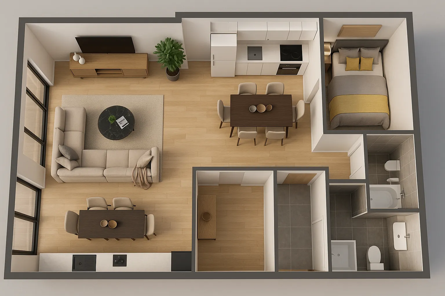 Top view interior design drawing of modern apartment with living room kitchen bedroom and bathroom