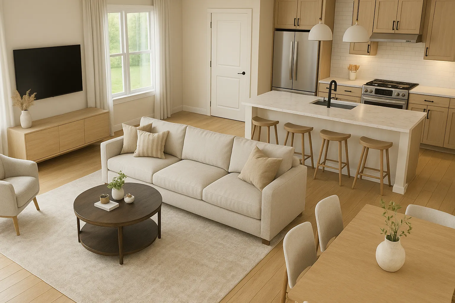 Modern open plan living room with beige sofa, wood kitchen cabinets, island, and dining table