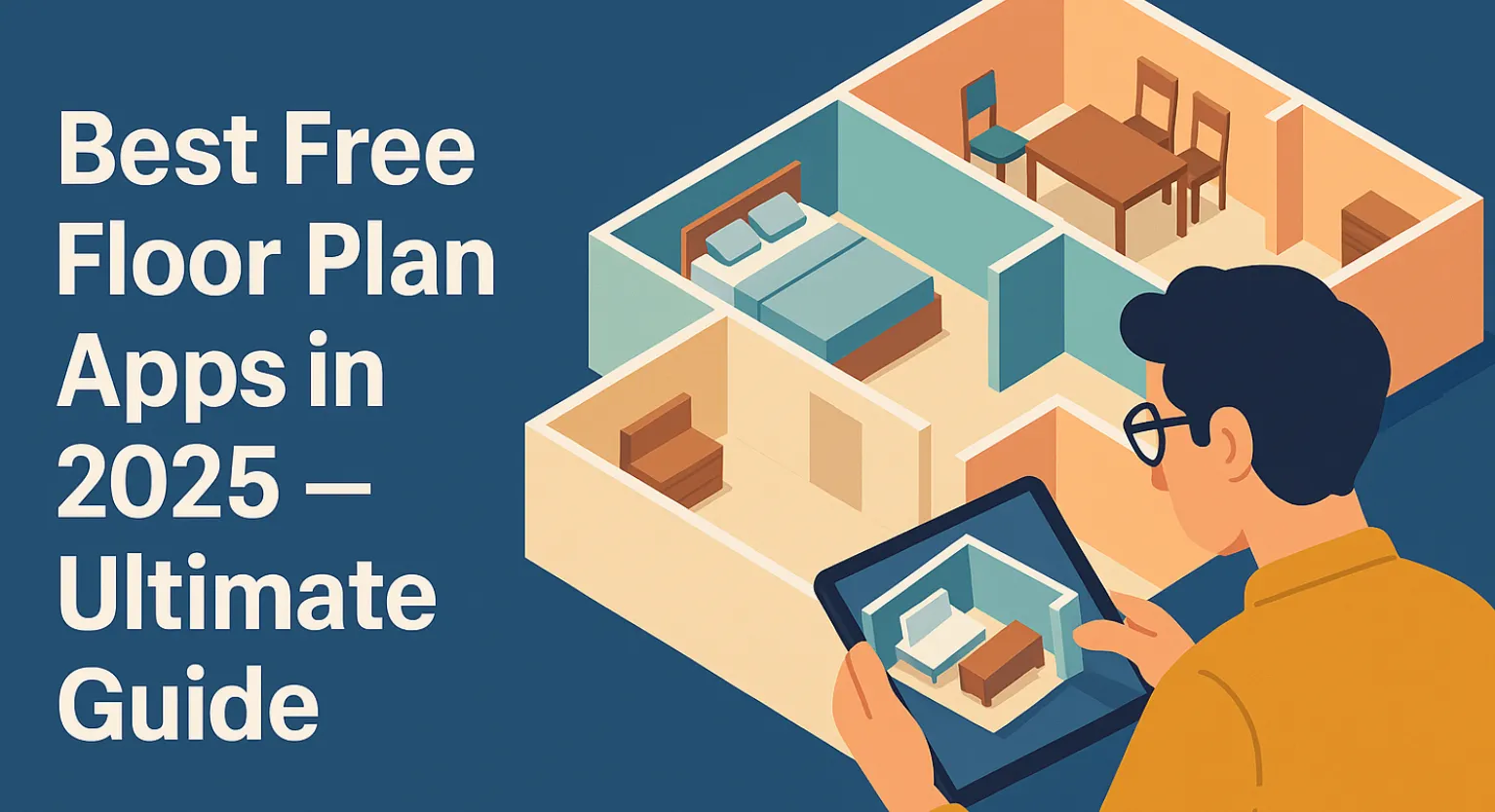 Man using tablet to create house floor plan with bedroom dining room and living room