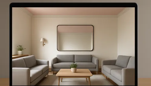 Modern living room with grey sofas wooden coffee table large wall mirror and soft wall light