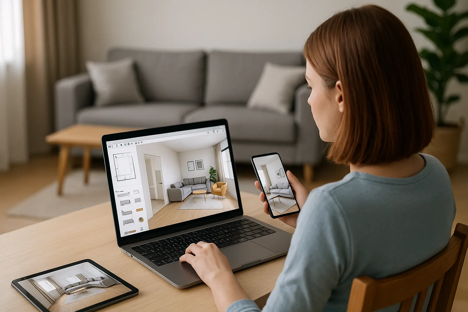 Woman uses laptop phone and tablet to create a modern grey living room interior layout