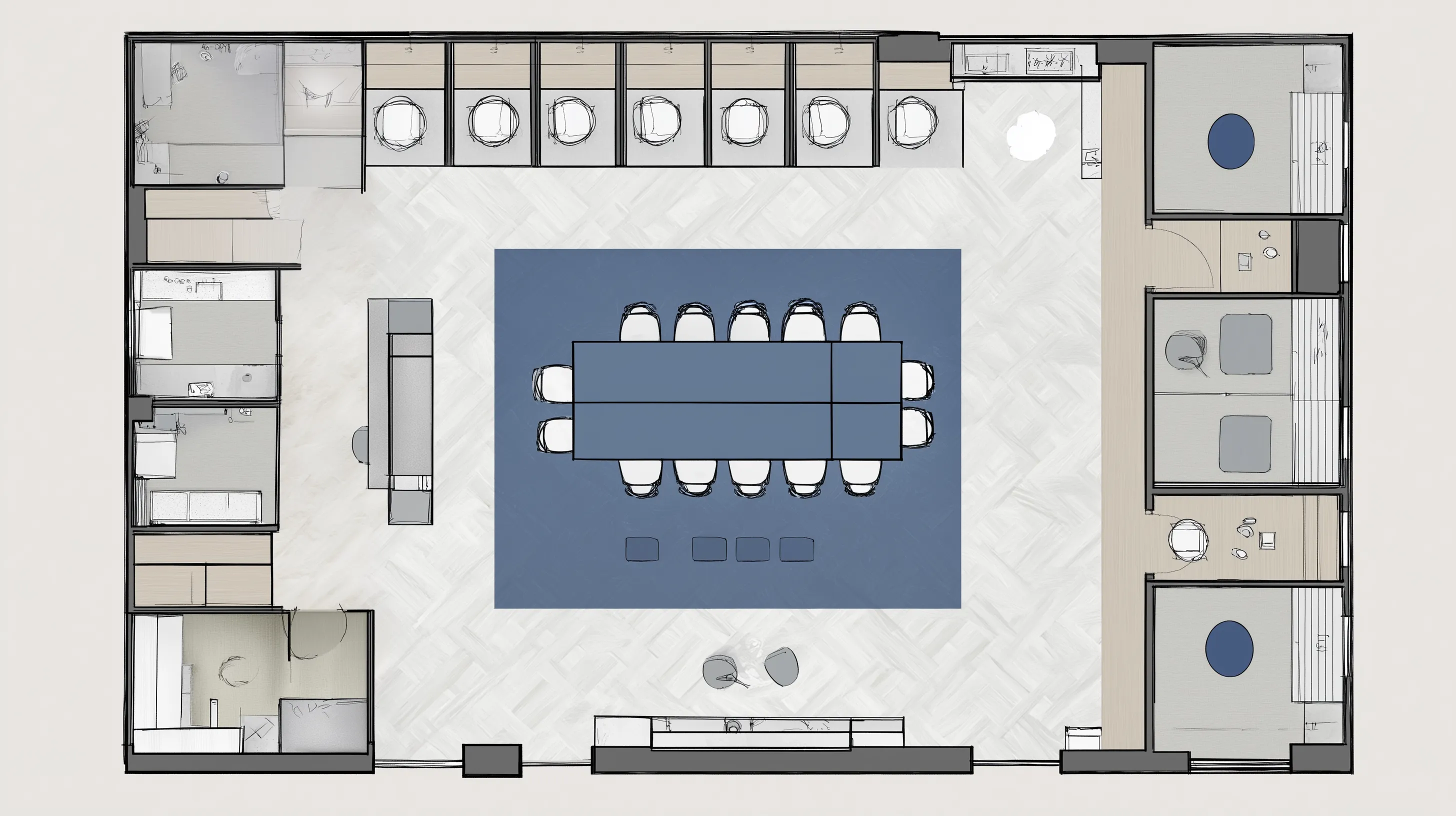 Top view of a room layout showing a large blue rug and meeting table with chairs