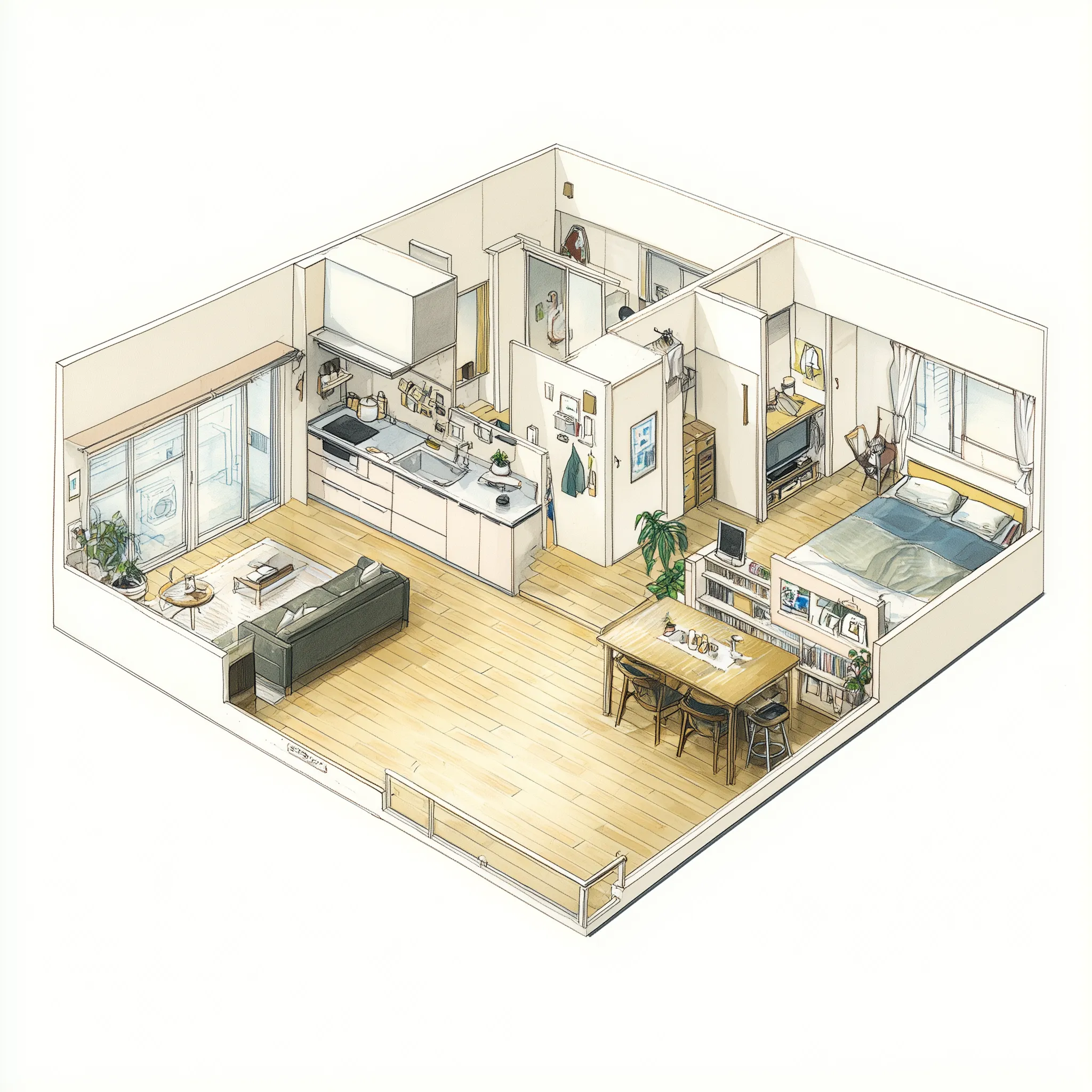 Isometric interior design drawing showing small apartment with kitchen living area dining table and bedroom
