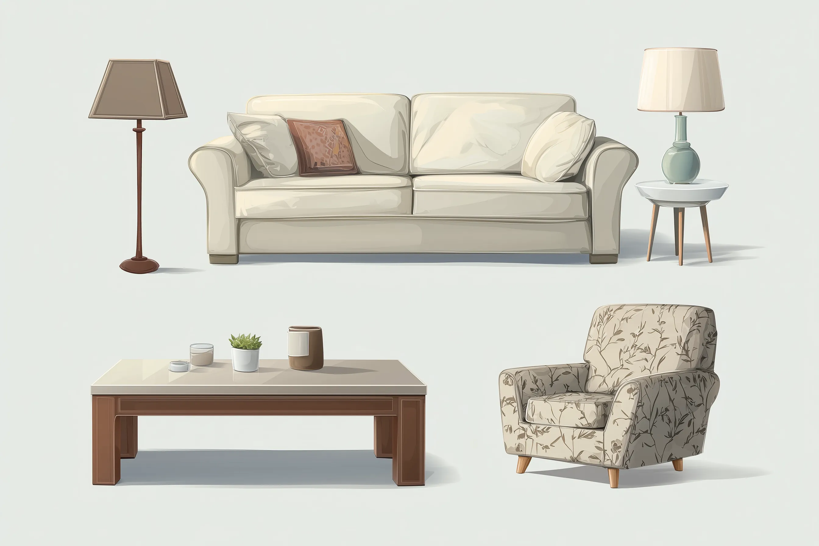 Collection of furniture including white sofa floor lamp table lamp wooden coffee table and armchair