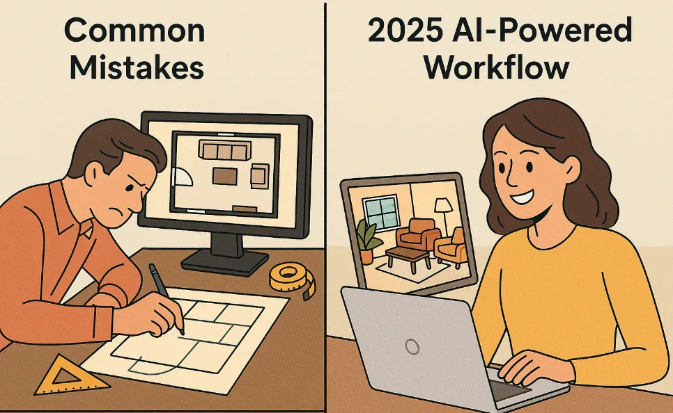 Comparison of traditional manual floor plan drawing versus modern interior design workflow using a laptop