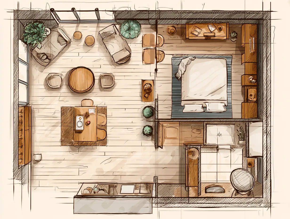 Hand drawn interior design drawing with bedroom living area dining table bathroom and wood floor