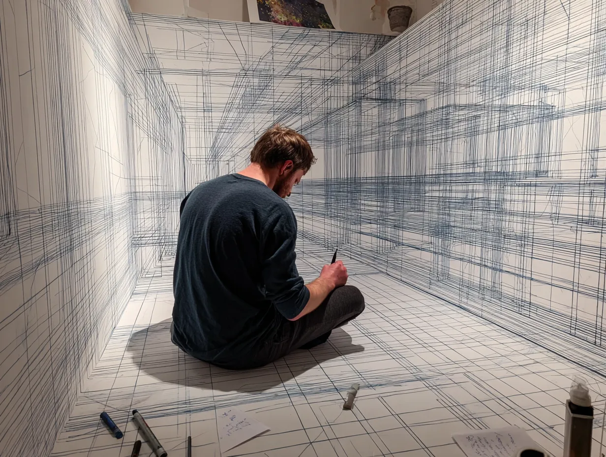 Man sitting on floor drawing blue perspective lines on white walls in a small room