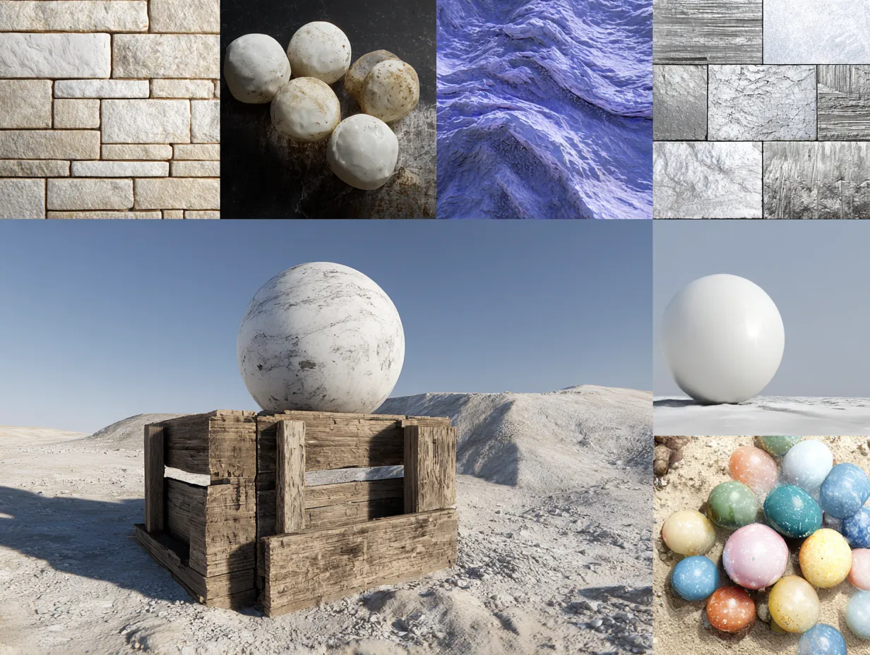Collection of various material textures including stone wall marble spheres and colored sand for design