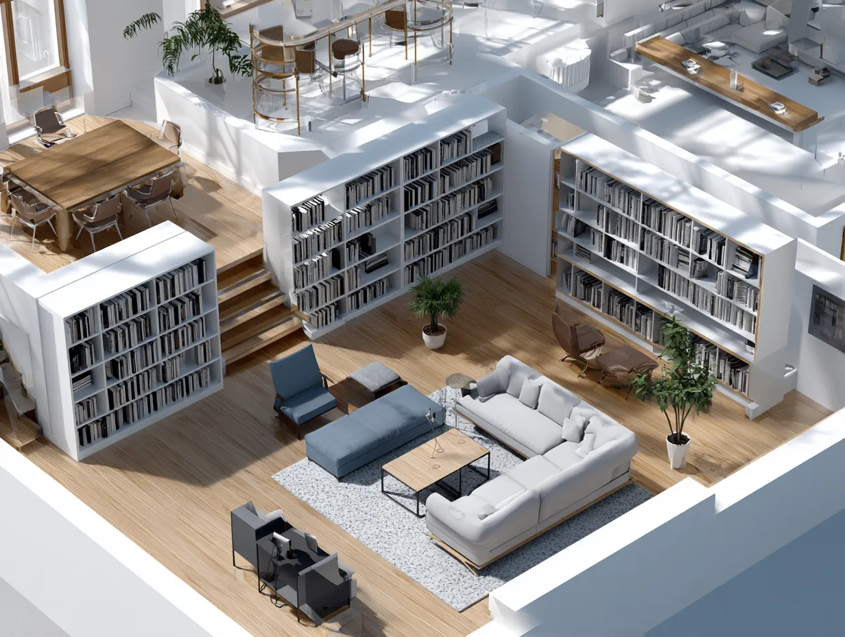 Modern interior design drawing showing a white library with large bookshelves sofa and wooden floor